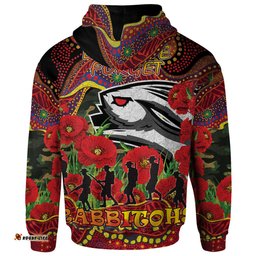 rabbitohs rugby aboriginal anzac day custom hoodie lest we forget rabbitohs with poppy flower