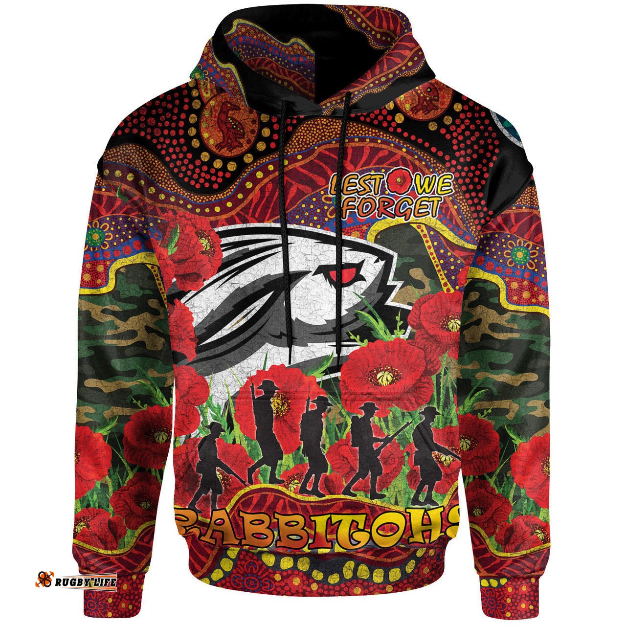rabbitohs rugby aboriginal anzac day custom hoodie lest we forget rabbitohs with poppy flower