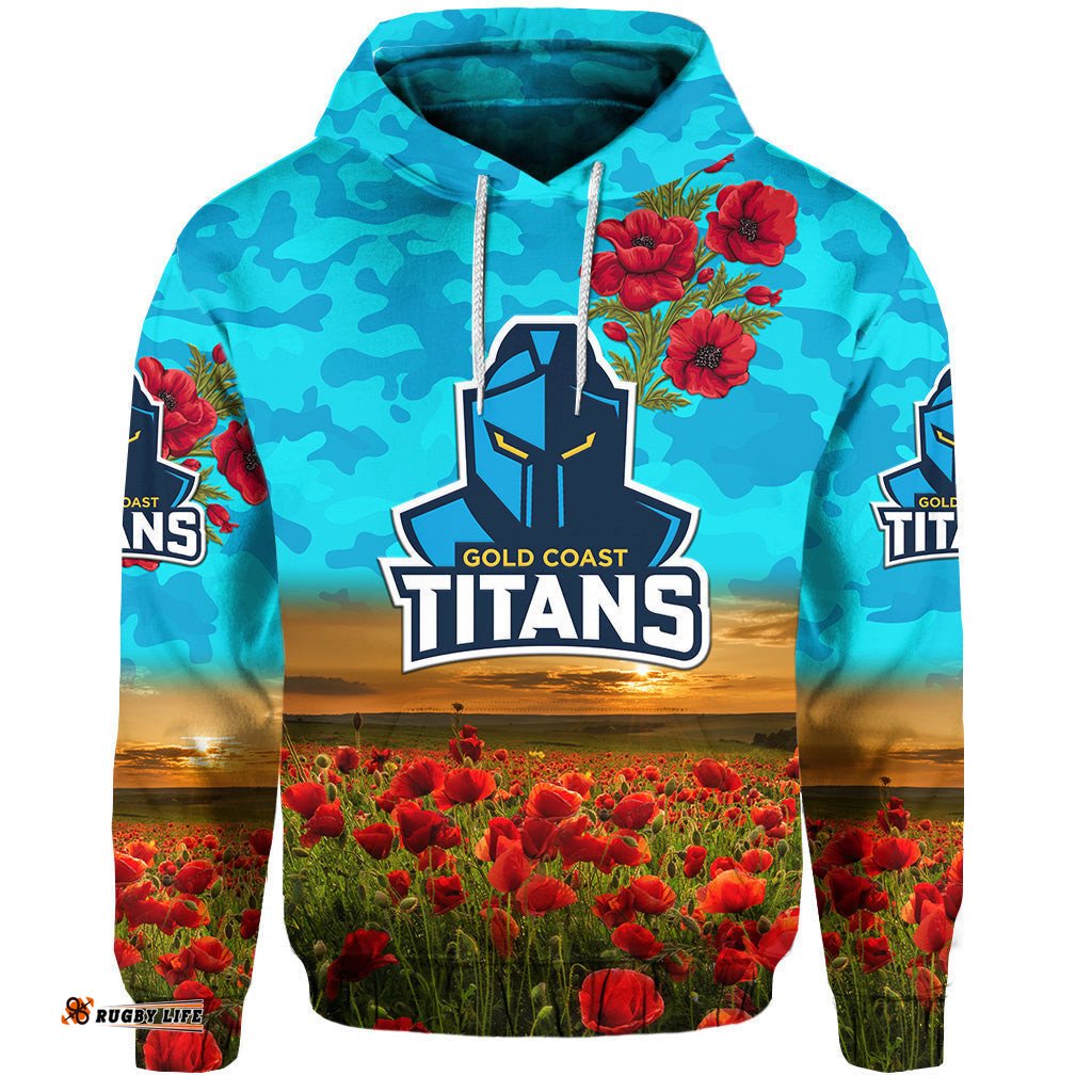 custom personalised gold coast titans anzac hoodie zip hoodie poppy flowers vibes