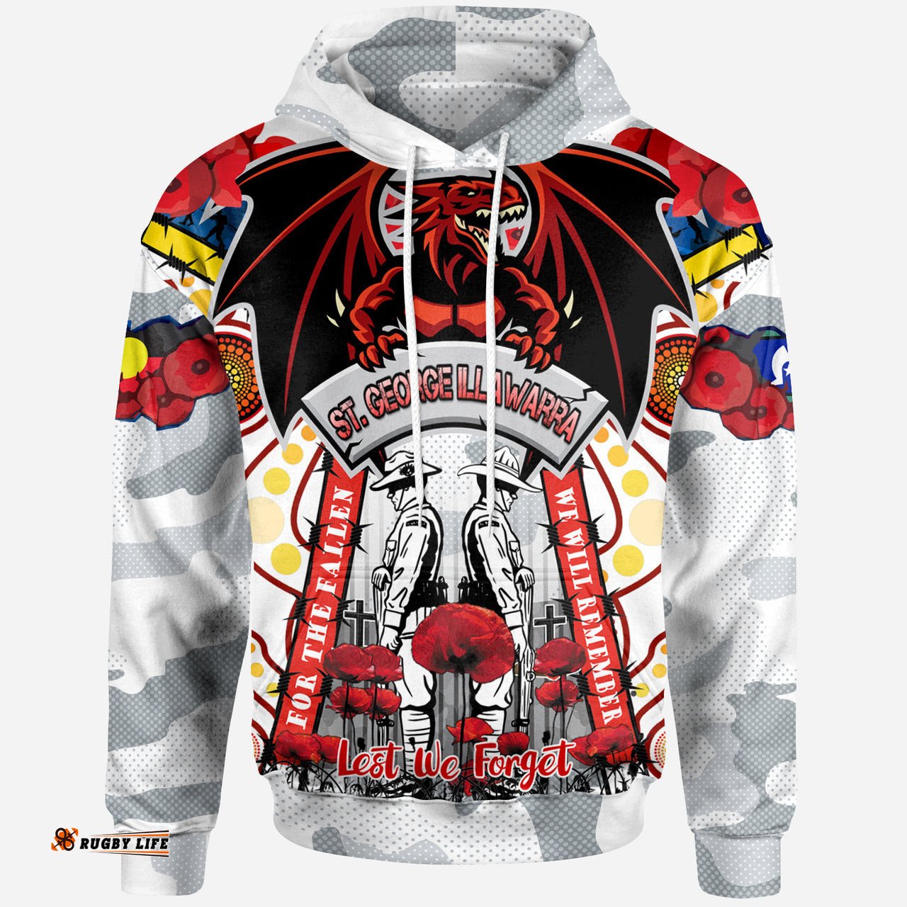 st george rugby anzac day watercolour custom hoodie remembrance dragons with poppy flower