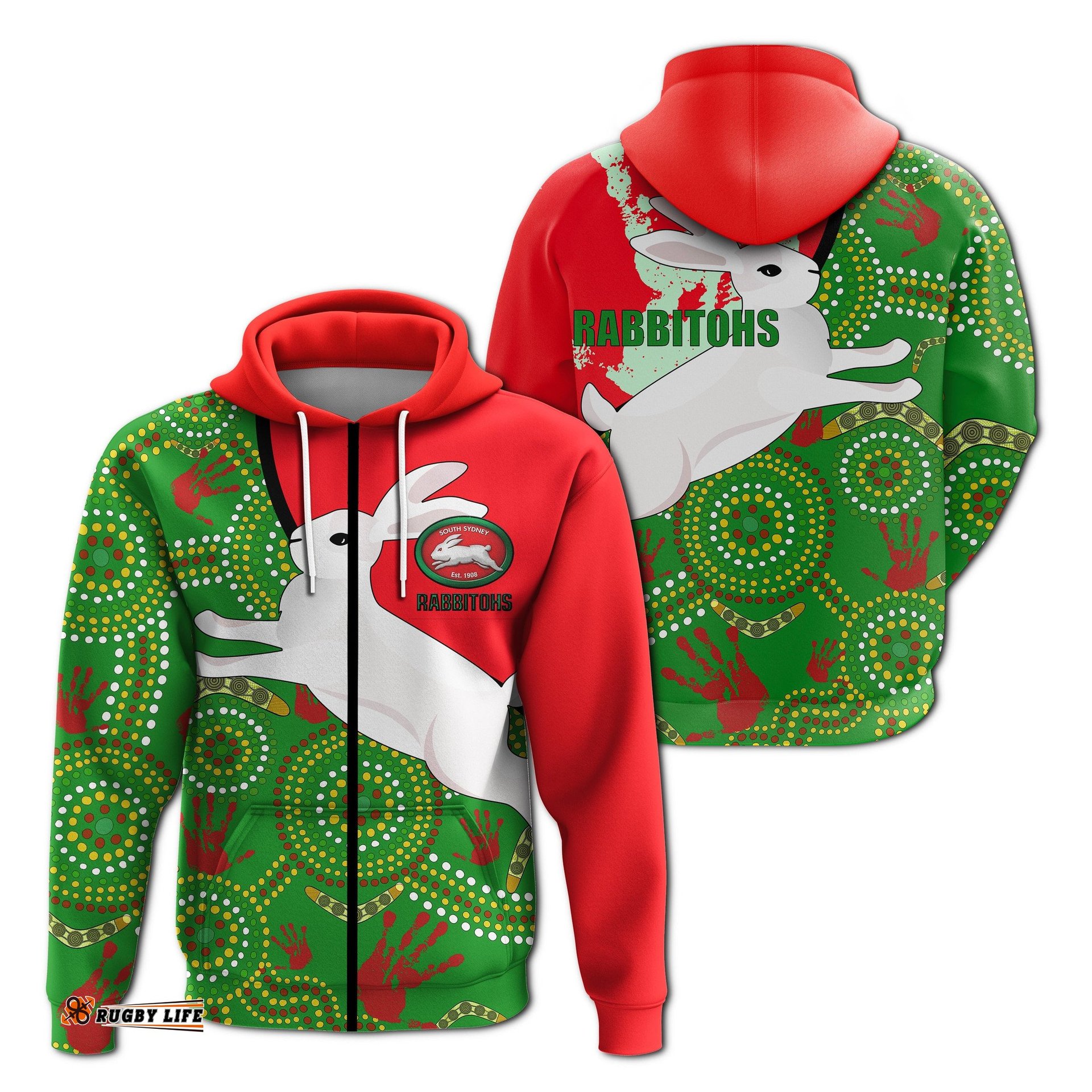 Australia Rabbitohs Zip Up Hoodie NAIDOC Pattern With Rabbits 0