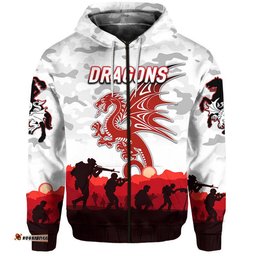 custom personalised st george illawarra dragons anzac zip up and pullover hoodie simple style white
