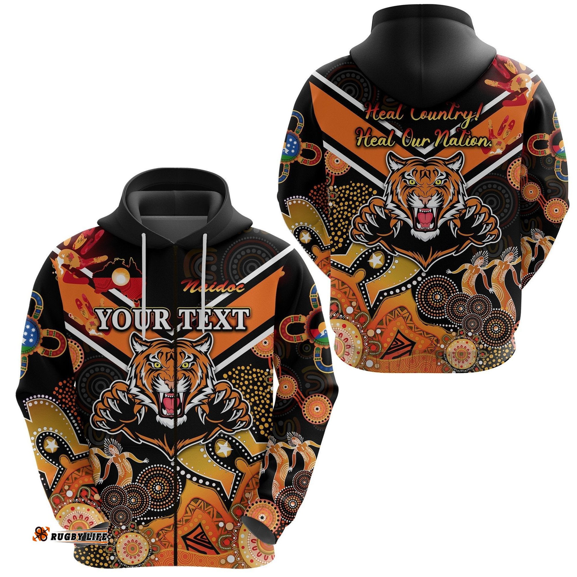 Custom Personalised Wests Zip Hoodie Tigers Indigenous NAIDOC Heal Country! Heal Our Nation Black 02