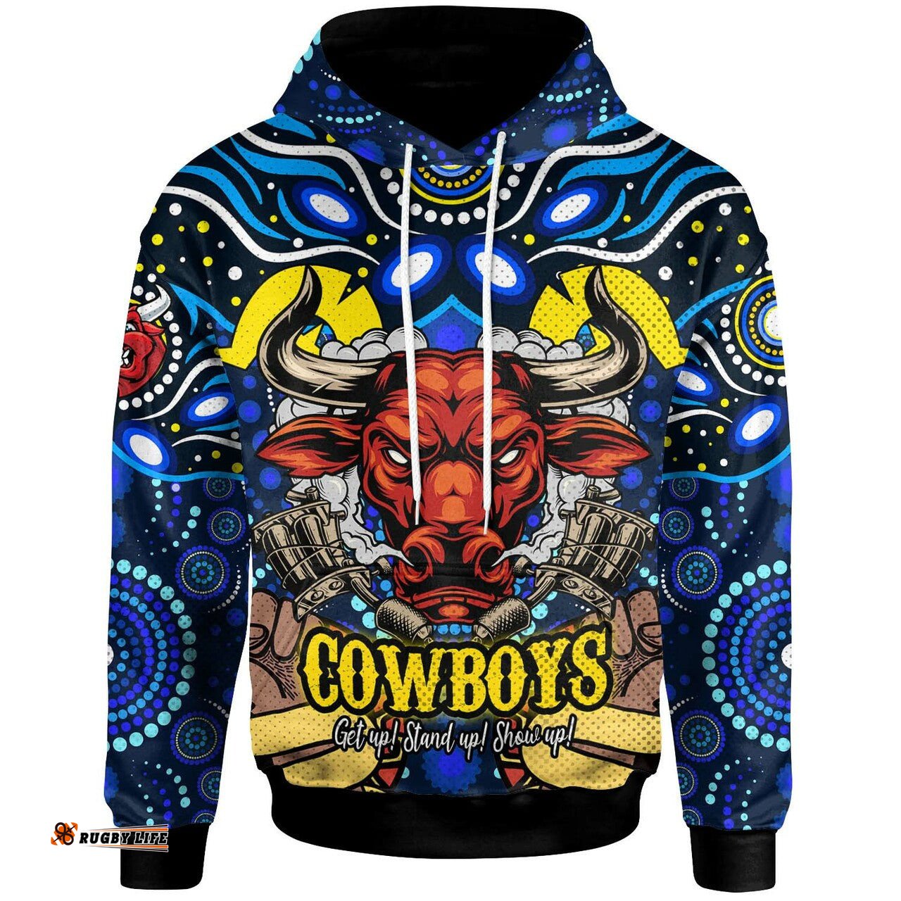 cowboys rugby hoodie custom naidoc week "get up stand up show up" with aboriginal dot painting style hoodie rlt12