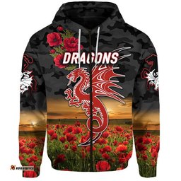 custom personalised st george illawarra dragons anzac zip up and pullover hoodie poppy flowers vibes black