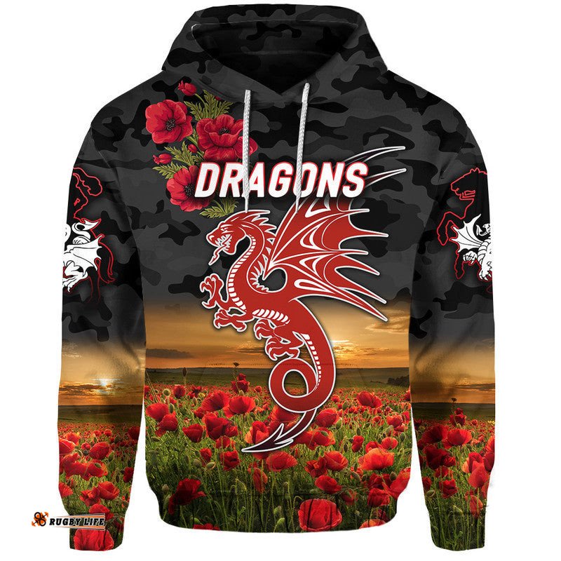 custom personalised st george illawarra dragons anzac zip up and pullover hoodie poppy flowers vibes black