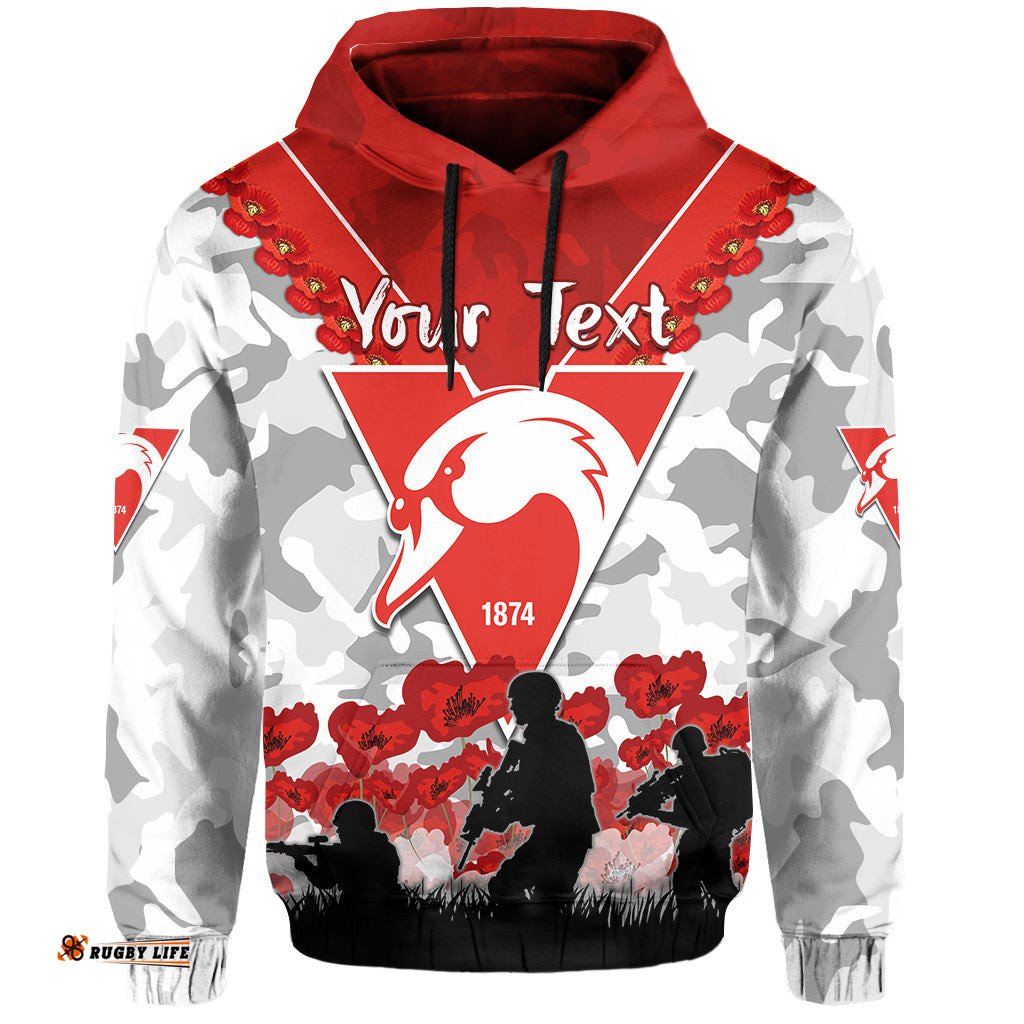 custom personalised swans anzac hoodie bloods sydney poppy flowers