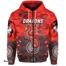 custom personalised st george illawarra dragons anzac zip up and pullover hoodie indigenous vibes red