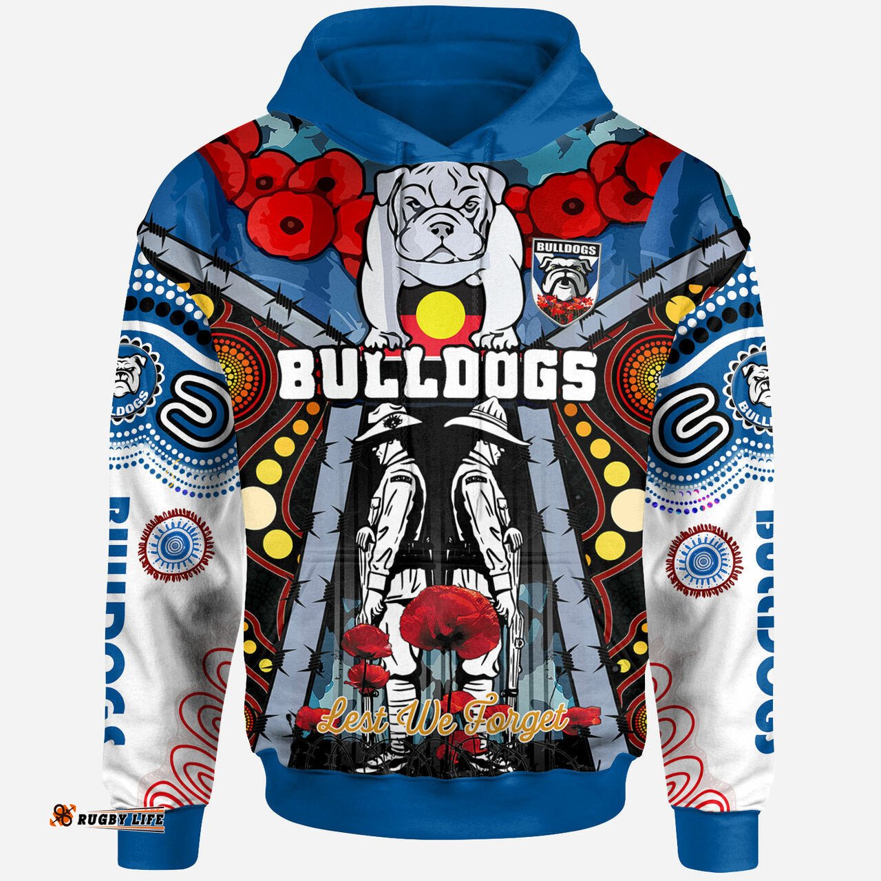 bulldogs aboriginal rugby anzac day hoodie remembrance indigenous culture bulldogs with poppy flower watercolour style rlt12