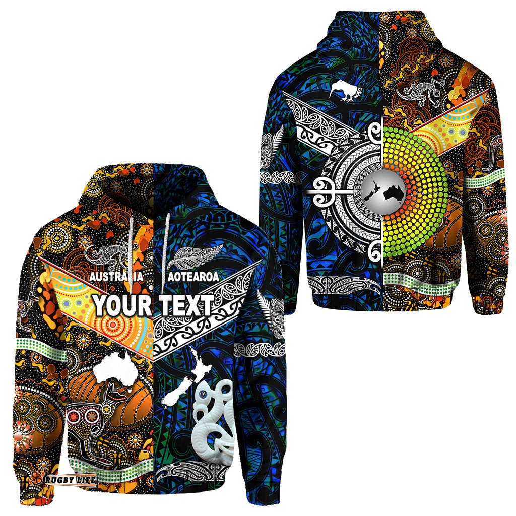 Custom Personalised New Zealand Maori Aotearoa And Australia Aboriginal Hoodie Together Blue