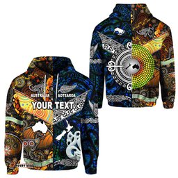 Custom Personalised New Zealand Maori Aotearoa And Australia Aboriginal Hoodie Together Blue