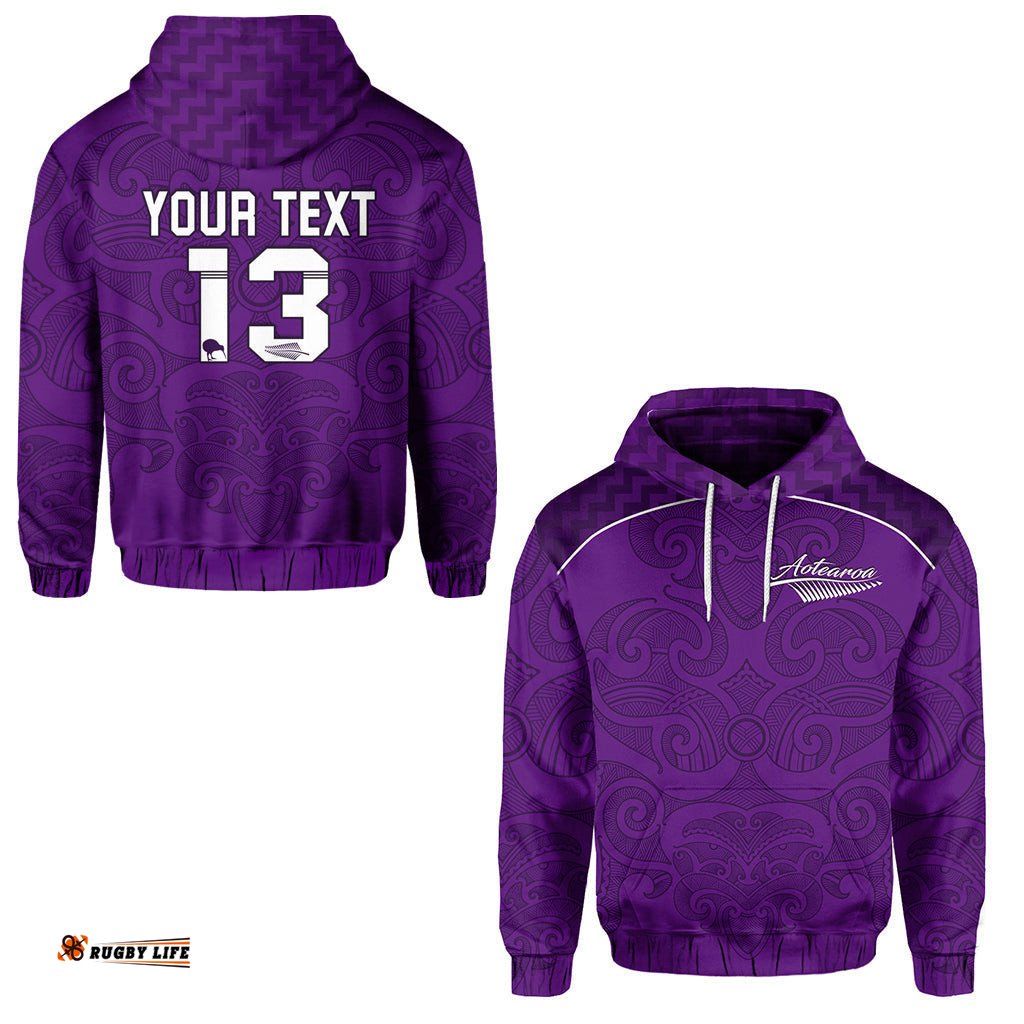 Custom Personalised Maori Hoodie Purple Aotearoa Tattoo Custom Text and Number