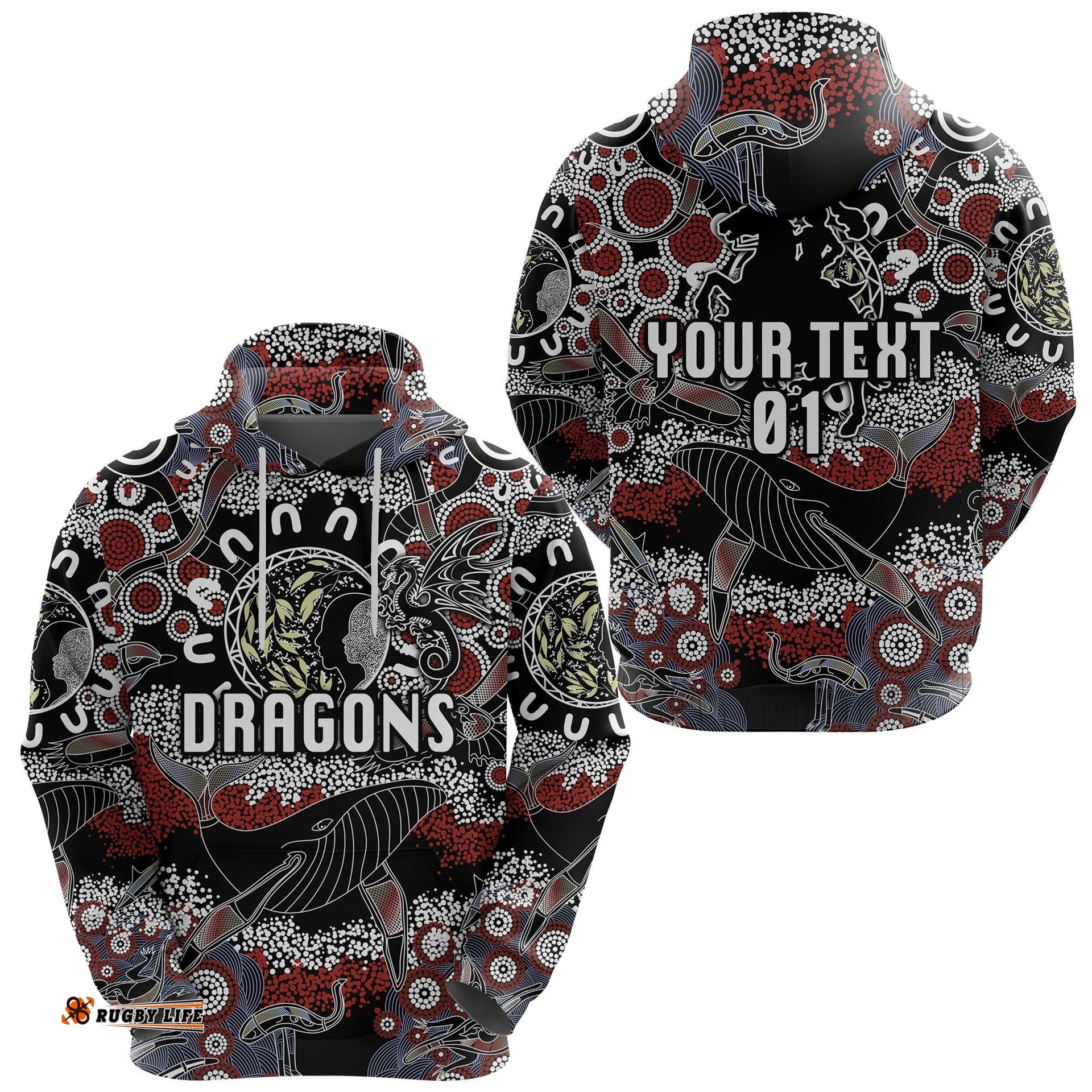 Custom Personalised St. George Illawarra Dragons Hoodie Indigenous Black, Custom Text And Number