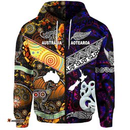 Custom Personalised New Zealand Maori Aotearoa And Australia Aboriginal Zip Hoodie Together Purple, Custom Text And Number