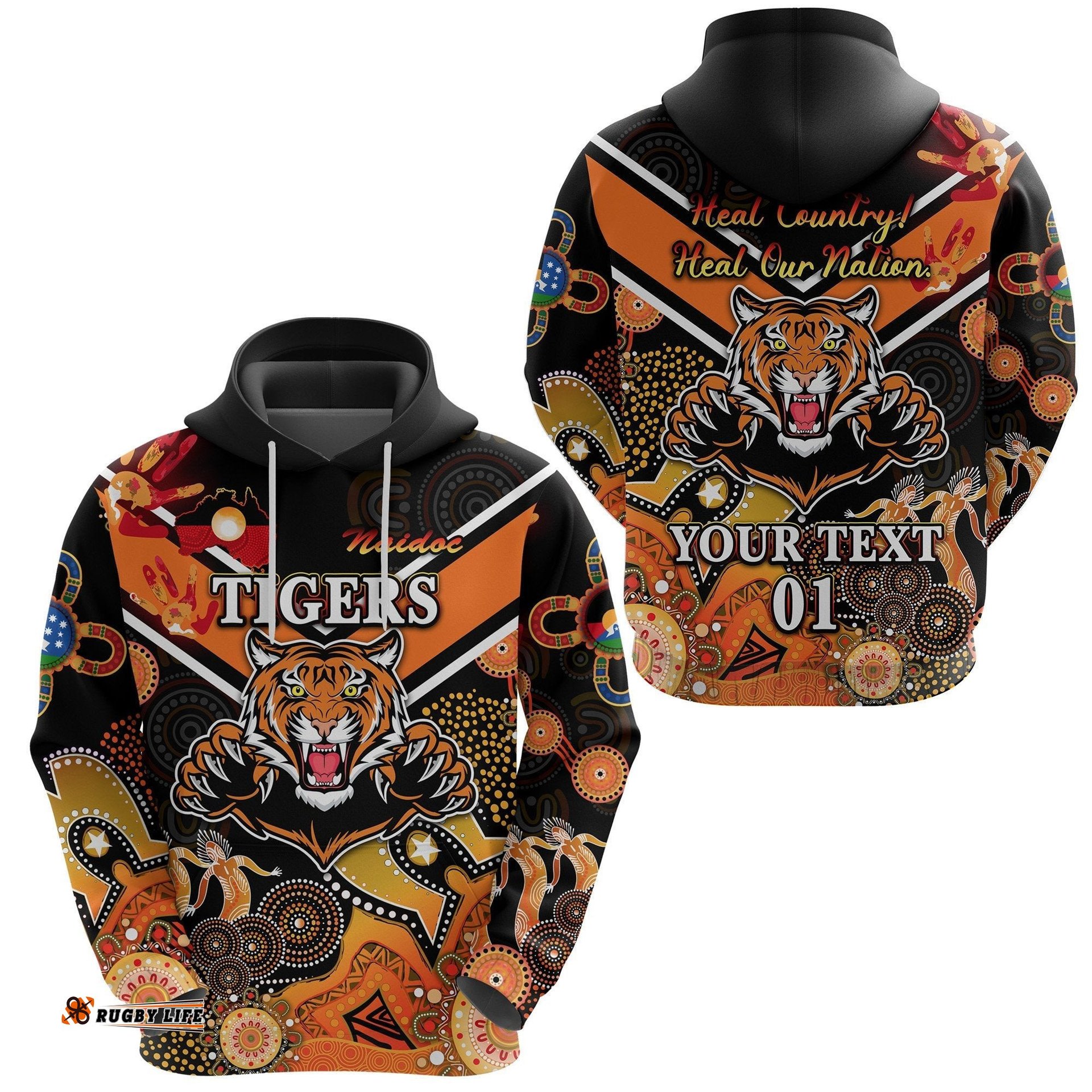 Custom Personalised Wests Hoodie Tigers Indigenous NAIDOC Heal Country! Heal Our Nation Black, Custom Text And Number 07