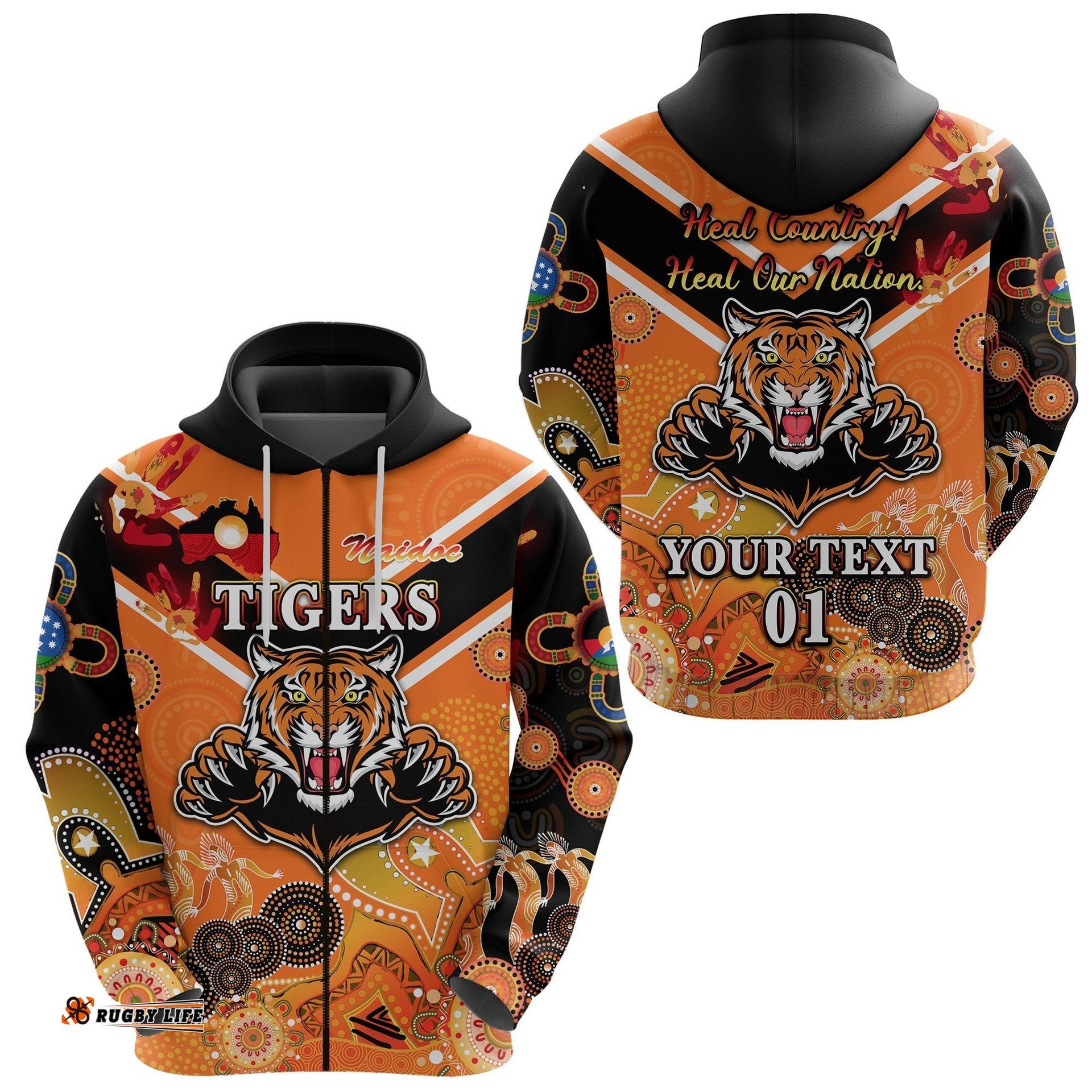 Custom Personalised Wests Zip Hoodie Tigers Indigenous NAIDOC Heal Country! Heal Our Nation Orange NO.1, Custom Text And Number