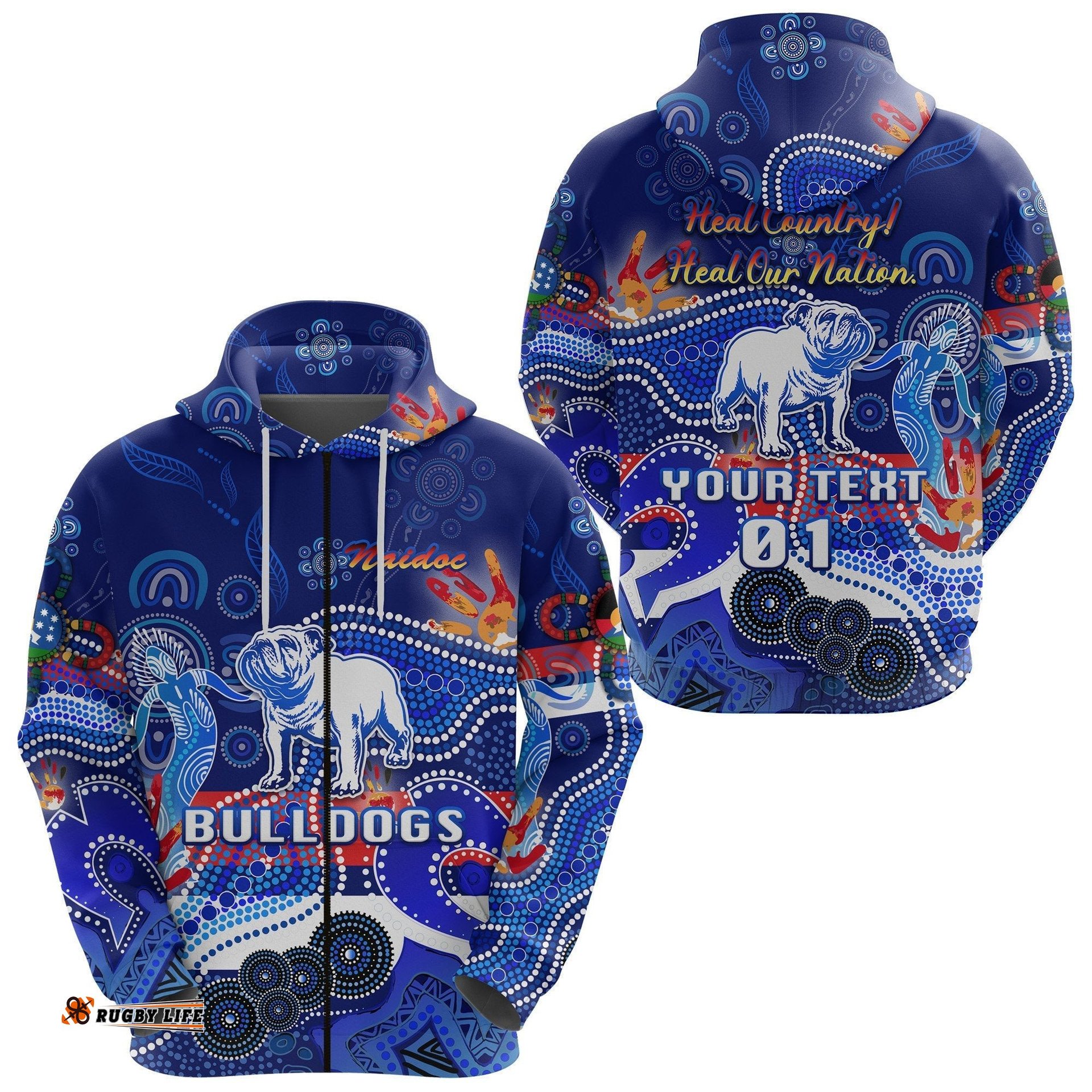 Custom Personalised Western Zip Hoodie Bulldogs Indigenous NAIDOC Heal Country! Heal Our Nation, Custom Text And Number