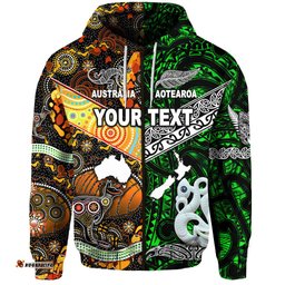 Custom Personalised New Zealand Maori Aotearoa And Australia Aboriginal Zip Hoodie Together Green