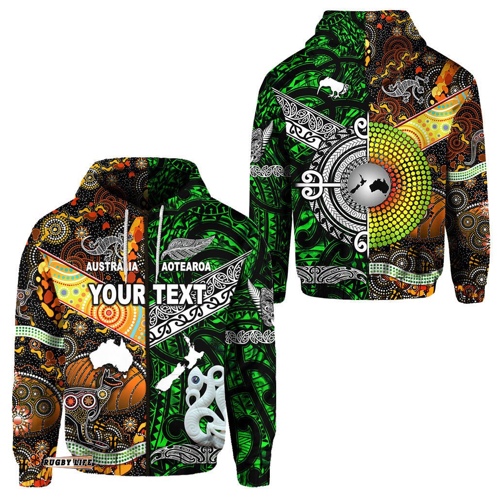 Custom Personalised New Zealand Maori Aotearoa And Australia Aboriginal Zip Hoodie Together Green