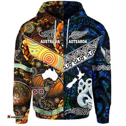 Custom Personalised New Zealand Maori Aotearoa And Australia Aboriginal Hoodie Together Blue, Custom Text And Number