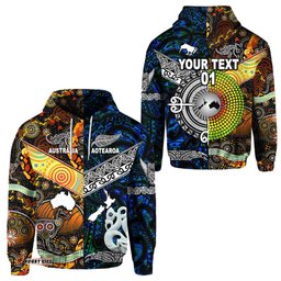 Custom Personalised New Zealand Maori Aotearoa And Australia Aboriginal Hoodie Together Blue, Custom Text And Number