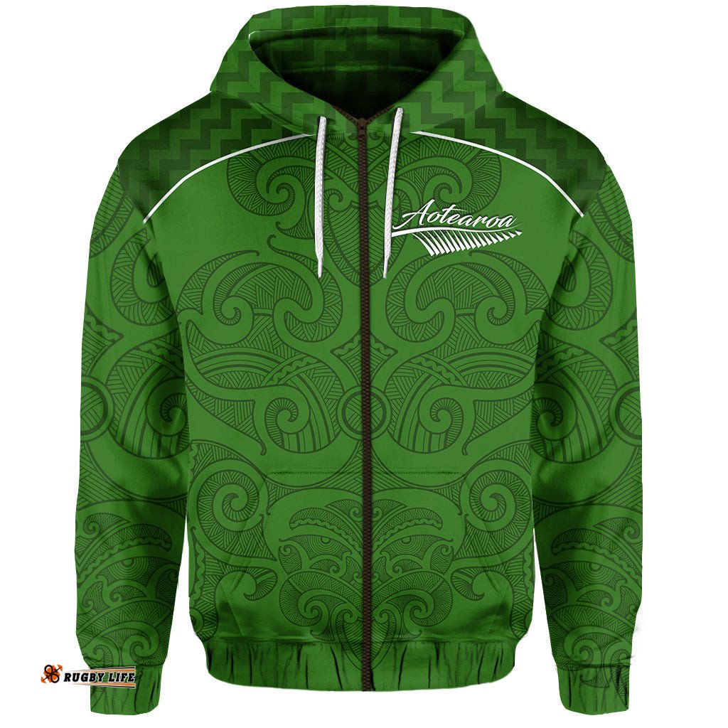 Maori Zip Hoodie Green Aotearoa Tattoo