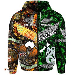 Custom Personalised New Zealand Maori Aotearoa And Australia Aboriginal Zip Hoodie Together Green, Custom Text And Number