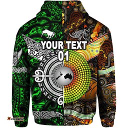 Custom Personalised New Zealand Maori Aotearoa And Australia Aboriginal Zip Hoodie Together Green, Custom Text And Number