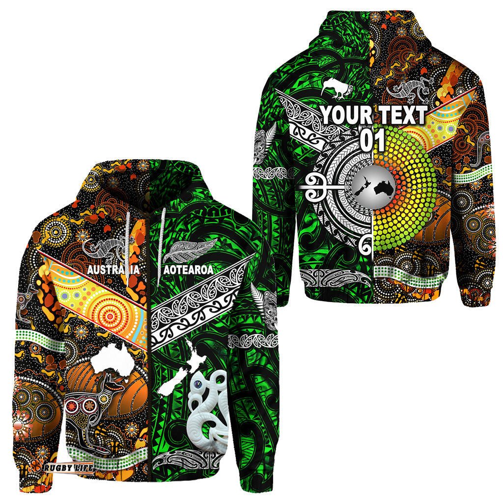 Custom Personalised New Zealand Maori Aotearoa And Australia Aboriginal Zip Hoodie Together Green, Custom Text And Number