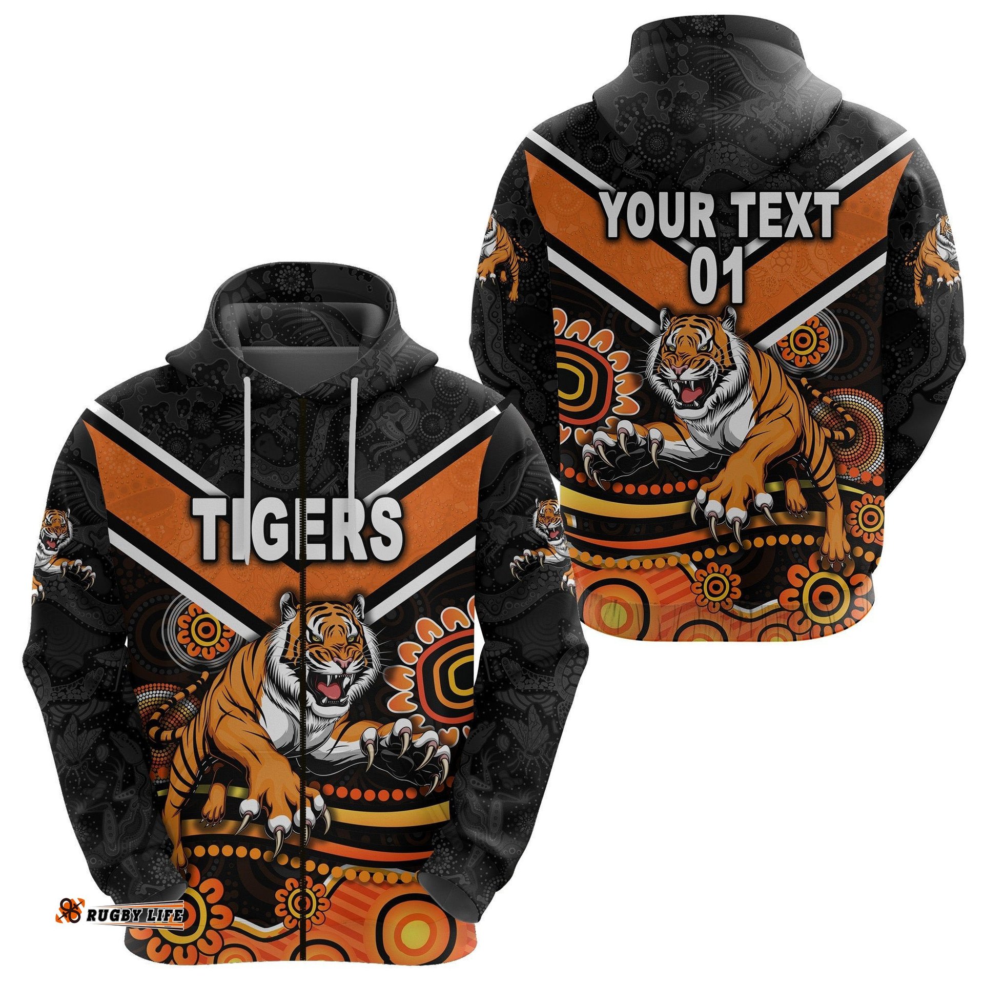 Custom Personalised Wests Tigers Zip Hoodie Indigenous, Custom Text And Number