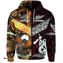 New Zealand Maori Aotearoa And Australia Aboriginal Zip Hoodie Together Red