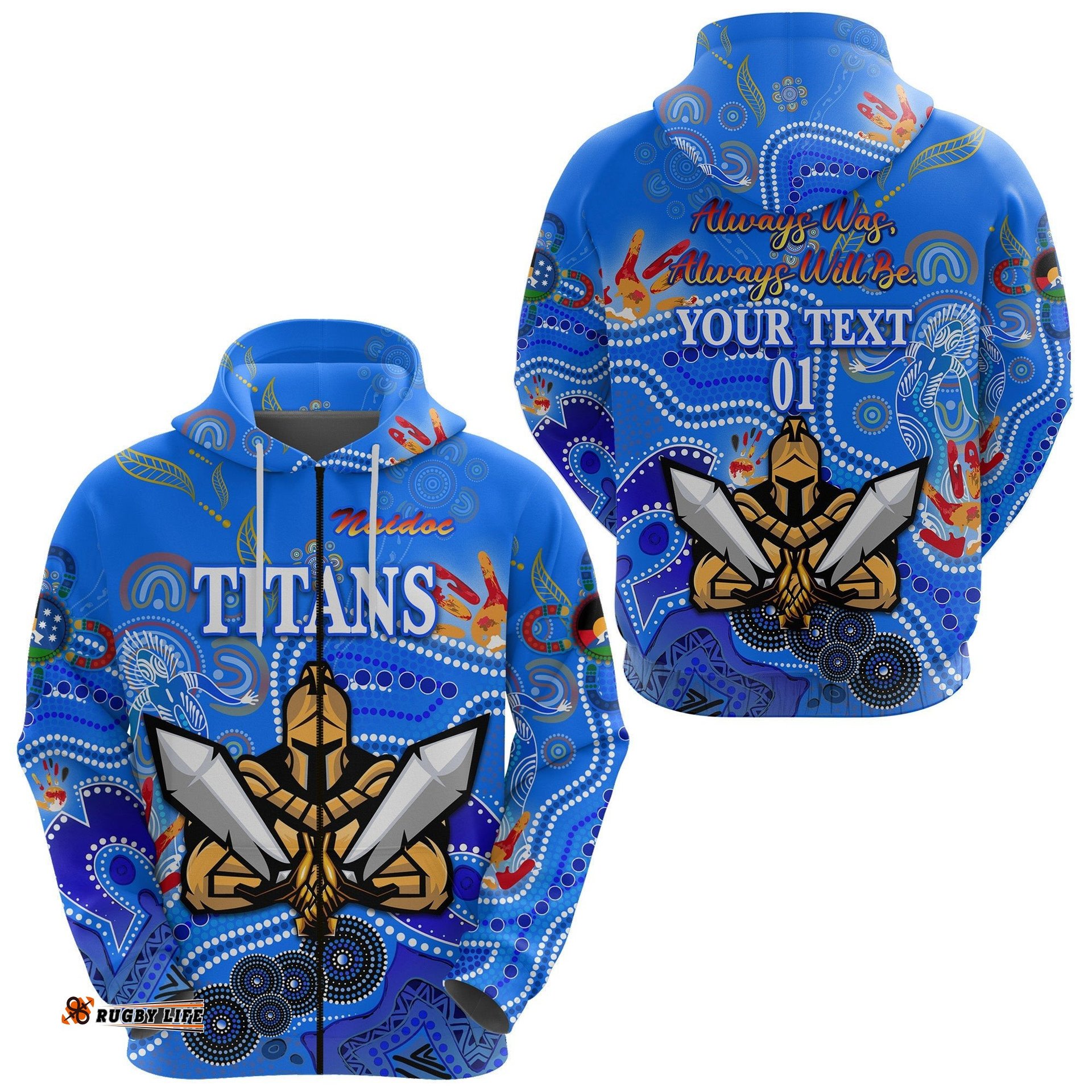 Custom Personalised Gold Coast Titans Zip Hoodie NAIDOC, Custom Text And Number