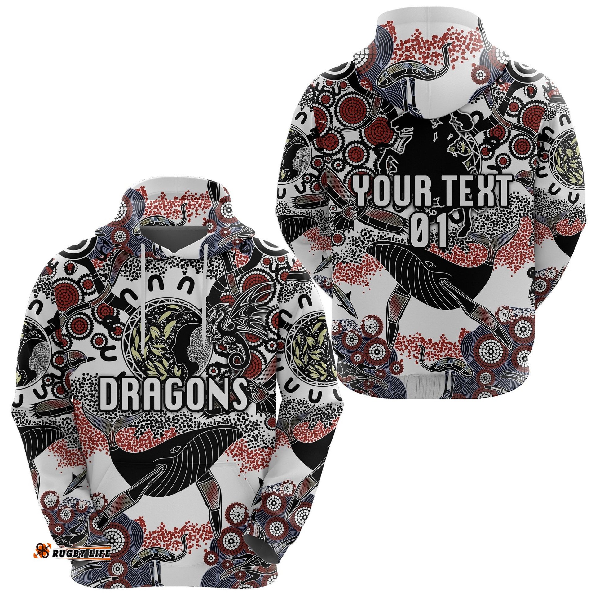 Custom Personalised St. George Illawarra Dragons Hoodie Indigenous White, Custom Text And Number
