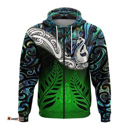 New Zealand Maori Zip Hoodie Manaia Paua Shell Glitter Green
