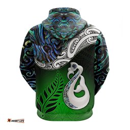 New Zealand Maori Zip Hoodie Manaia Paua Shell Glitter Green