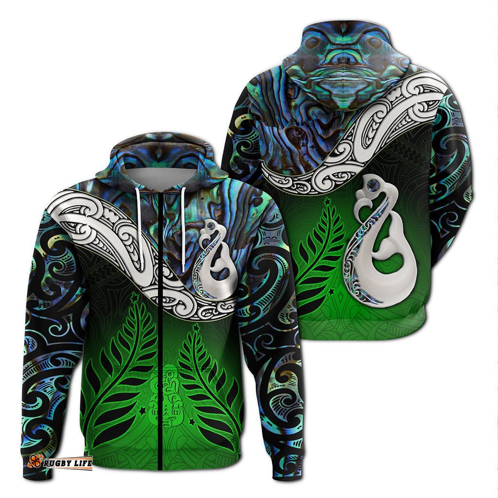New Zealand Maori Zip Hoodie Manaia Paua Shell Glitter Green