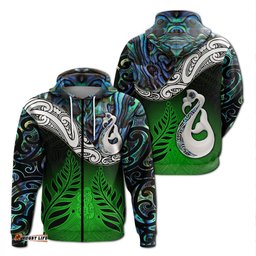 New Zealand Maori Zip Hoodie Manaia Paua Shell Glitter Green