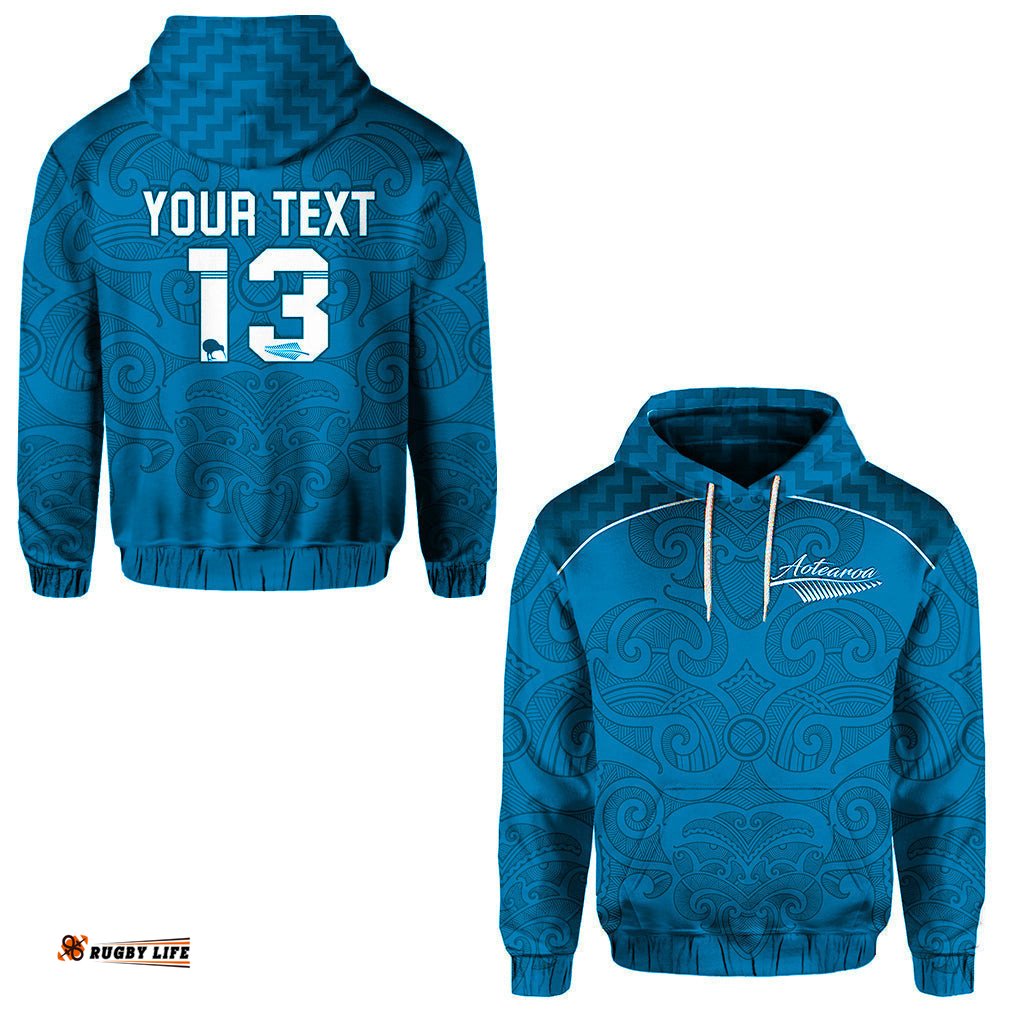 Custom Personalised Maori Hoodie Turquoise Aotearoa Tattoo Custom Text and Number