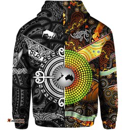Custom Personalised New Zealand Maori Aotearoa And Australia Aboriginal Zip Hoodie Together Black