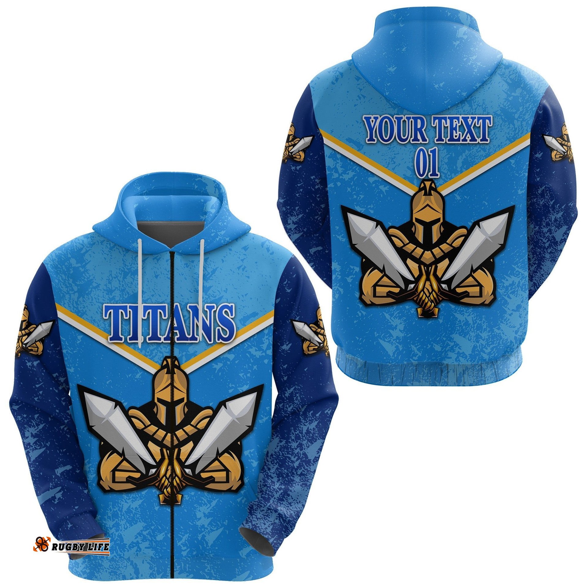 Custom Personalised Gold Coast Titans Zip Hoodie Gladiator Original Style NO.1, Custom Text And Number