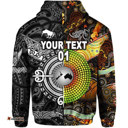 Custom Personalised New Zealand Maori Aotearoa And Australia Aboriginal Hoodie Together Black, Custom Text And Number