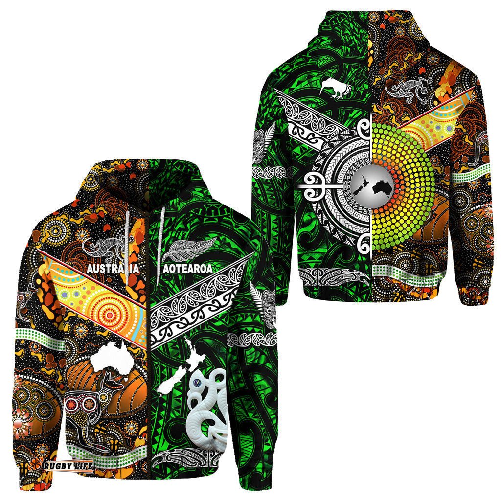 New Zealand Maori Aotearoa And Australia Aboriginal Zip Hoodie Together Green