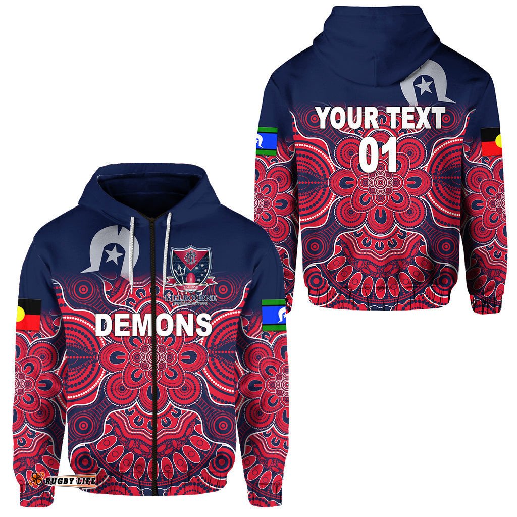 Custom Personalised Melbourne Demons Indigenous Zip Hoodie Football NAIDOC Week Style, Custom Text And Number