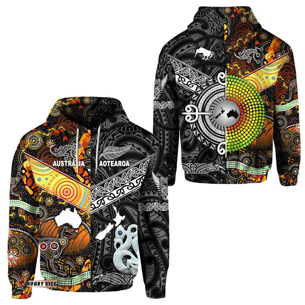 New Zealand Maori Aotearoa And Australia Aboriginal Hoodie Together Black