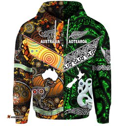 Custom Personalised New Zealand Maori Aotearoa And Australia Aboriginal Hoodie Together Green, Custom Text And Number