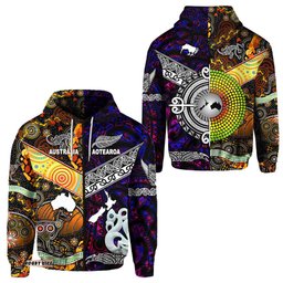 New Zealand Maori Aotearoa And Australia Aboriginal Zip Hoodie Together Purple