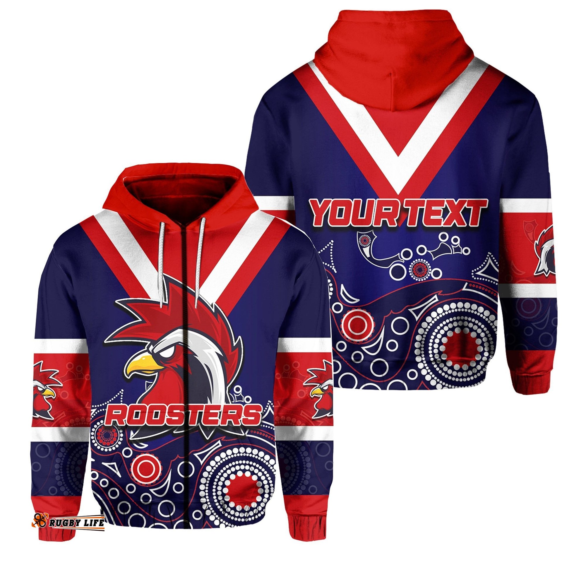 Custom Personalised Roosters Zip Hoodie Aboriginal