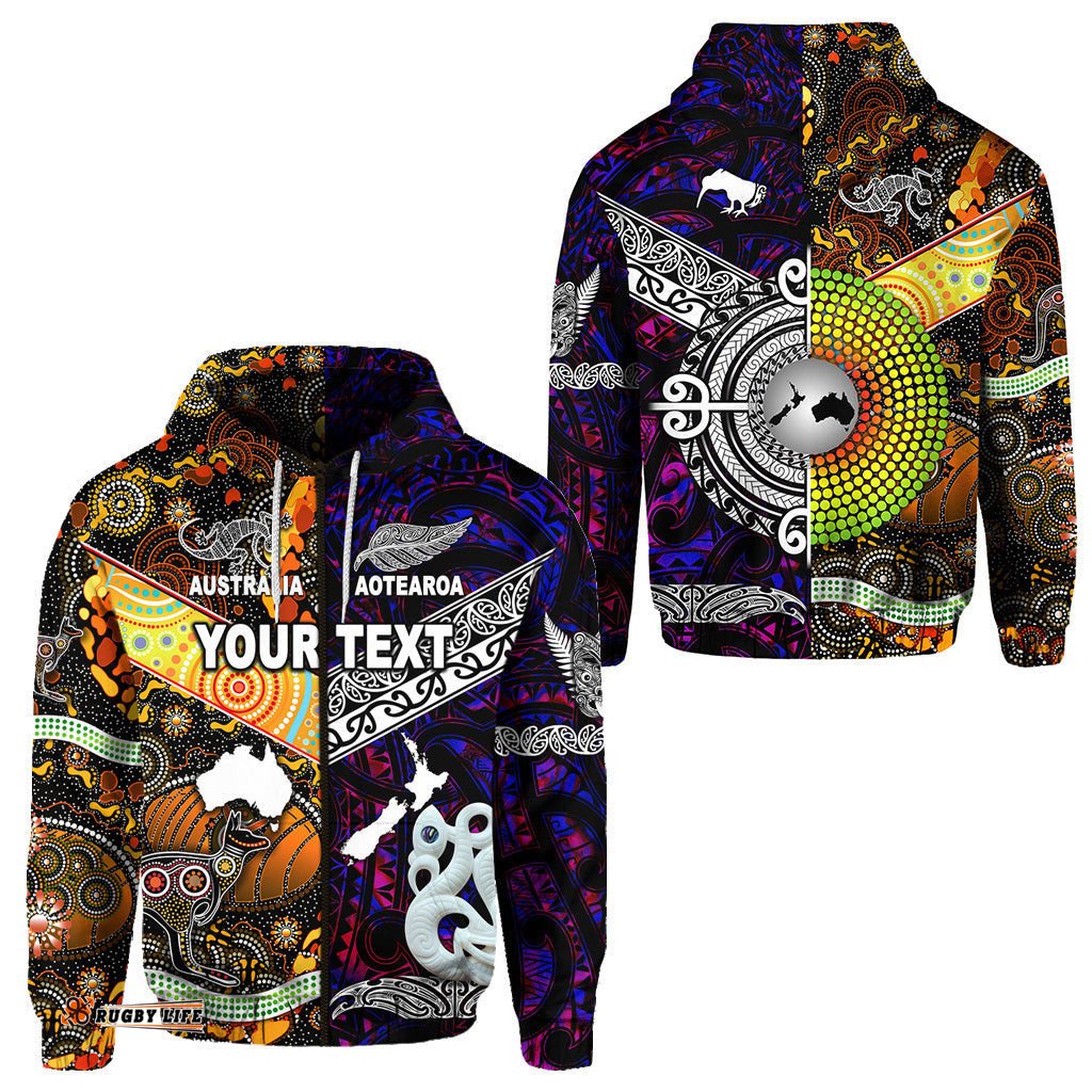 Custom Personalised New Zealand Maori Aotearoa And Australia Aboriginal Zip Hoodie Together Purple