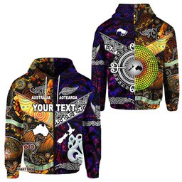Custom Personalised New Zealand Maori Aotearoa And Australia Aboriginal Zip Hoodie Together Purple