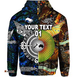 Custom Personalised New Zealand Maori Aotearoa And Australia Aboriginal Zip Hoodie Together Blue, Custom Text And Number